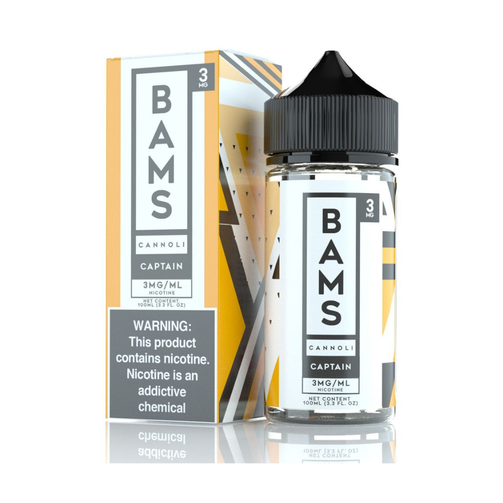 BAMS Cannoli Captain vape juice bottle and packaging on a white background