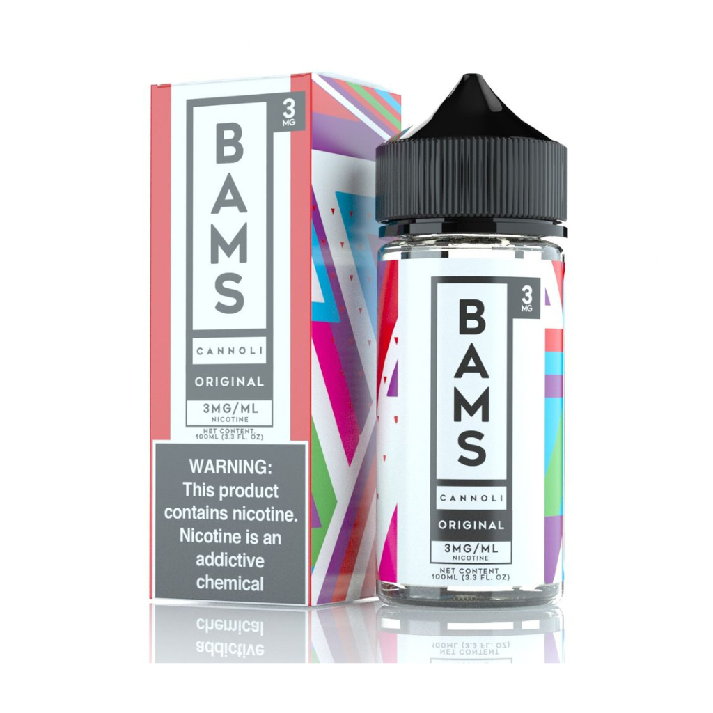 BAMS cannoli vape juice bottle and packaging on a white background