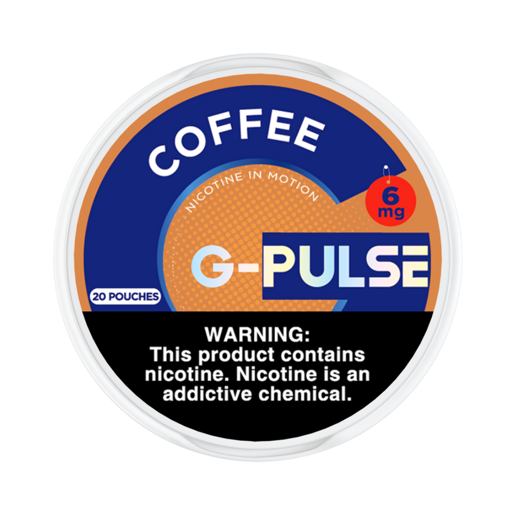 G-Pulse Coffee nicotine pouch container with warning label on a white background