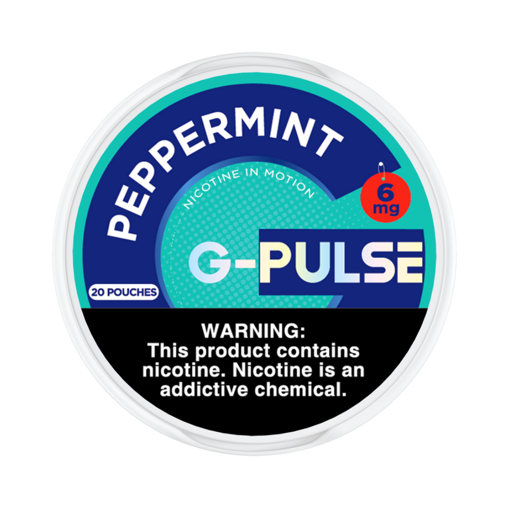 G-Pulse peppermint nicotine pouch container with warning label on a white background