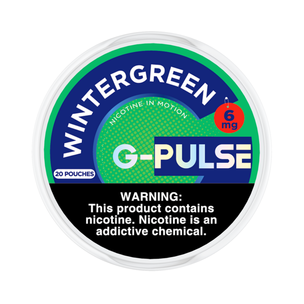 G-Pulse Wintergreen nicotine pouch container with warning label on a white background